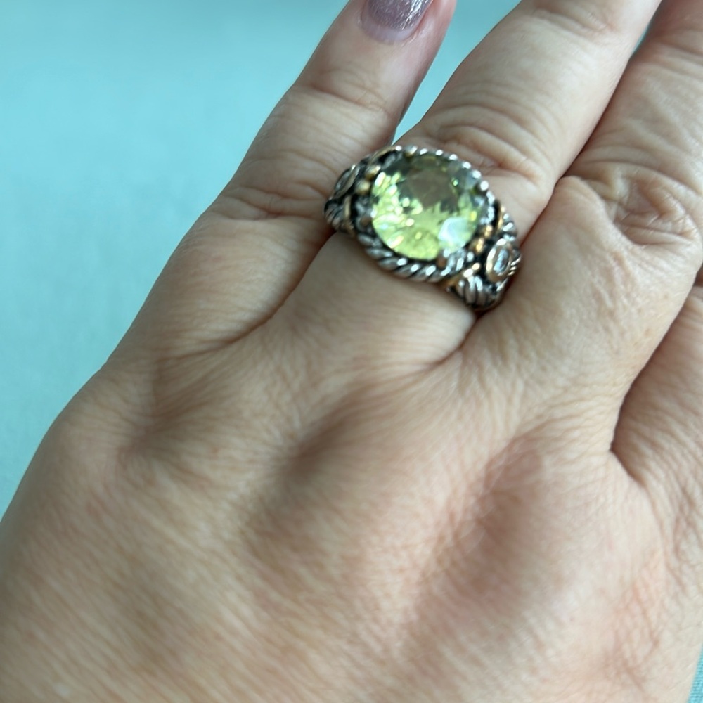 Taxco Sterling and Green and White Crystal Ring Size 8